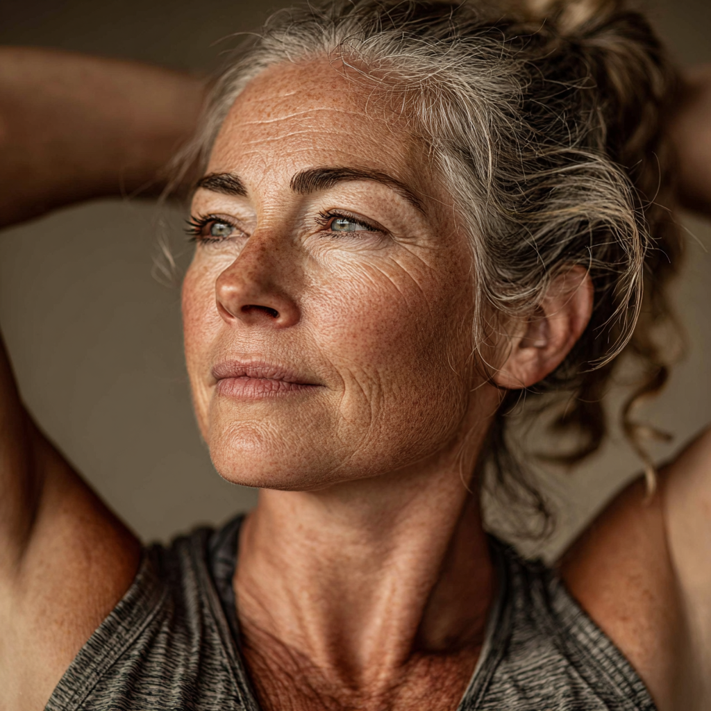 Старша жінка виконує розтяжку з усмішкою